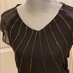Black 100% Silk V Neck Top Copper colored beading